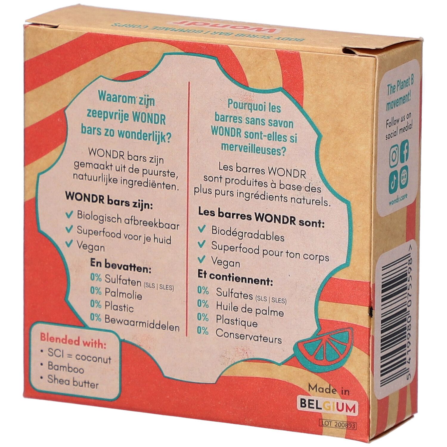 Dos de la boîte Wondr Body Scrub Juicy Orange. Informations produit en allemand et français.