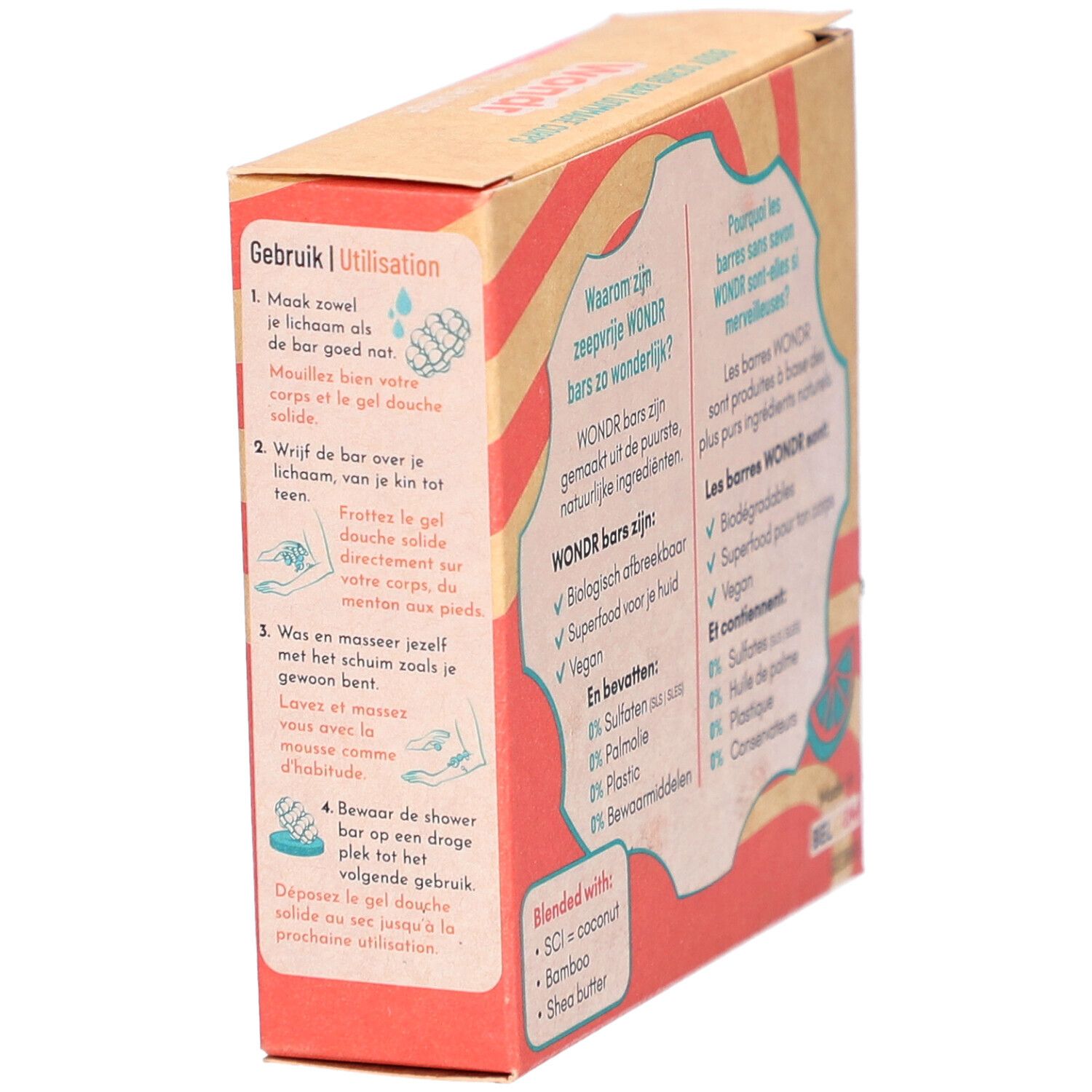 Boîte Wondr Body Scrub Juicy Orange. Mode d'emploi en allemand et français. Vue latérale.