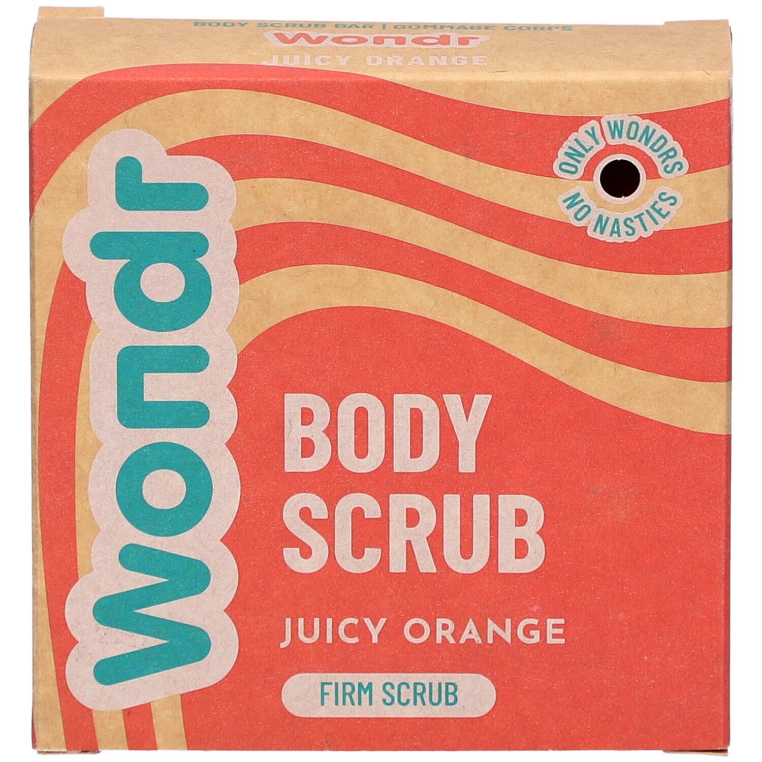 Boîte Wondr Body Scrub Juicy Orange. Fond orange, texte blanc. Logo et informations produit.