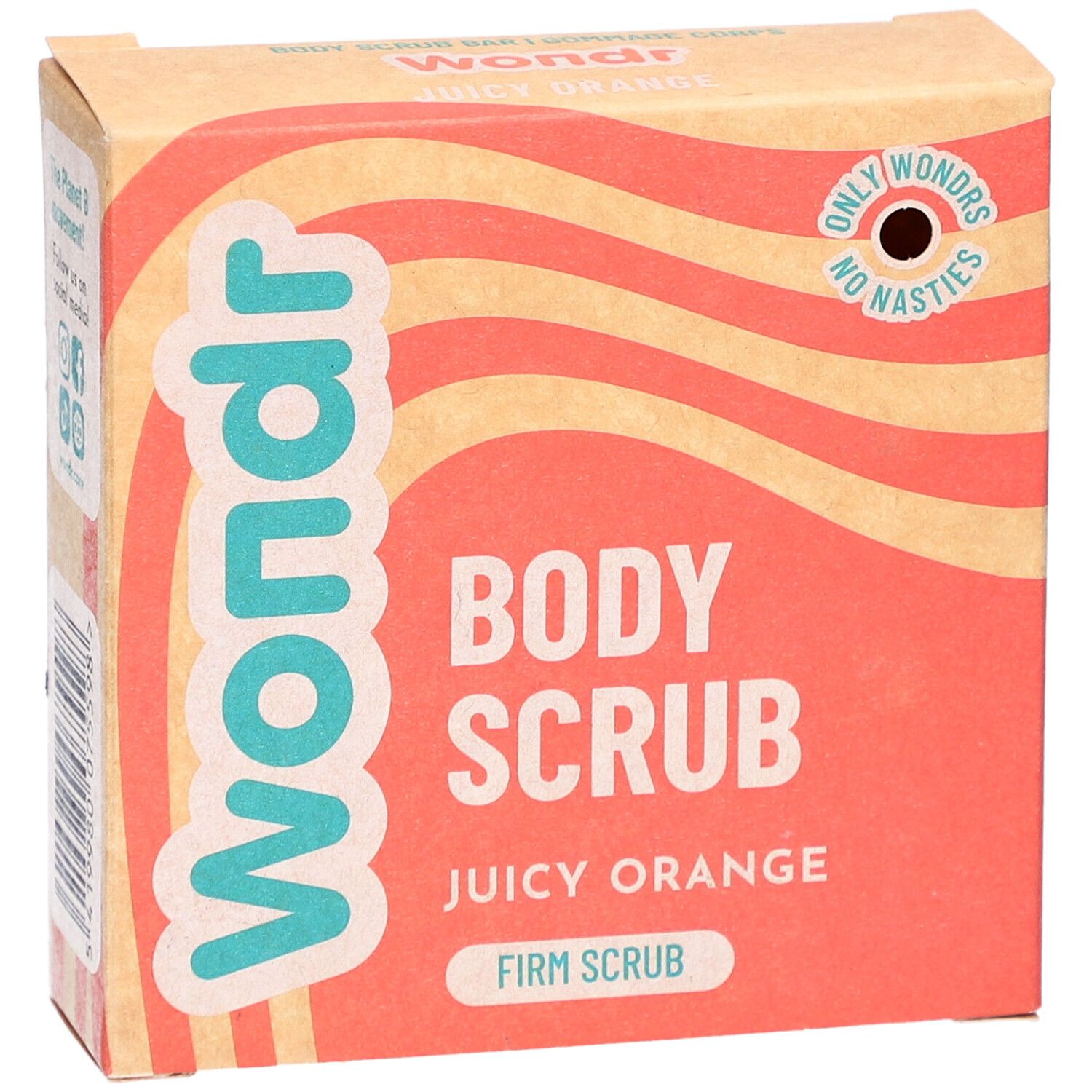 Boîte Wondr Body Scrub Juicy Orange. Fond orange, texte blanc. Logo et informations produit.