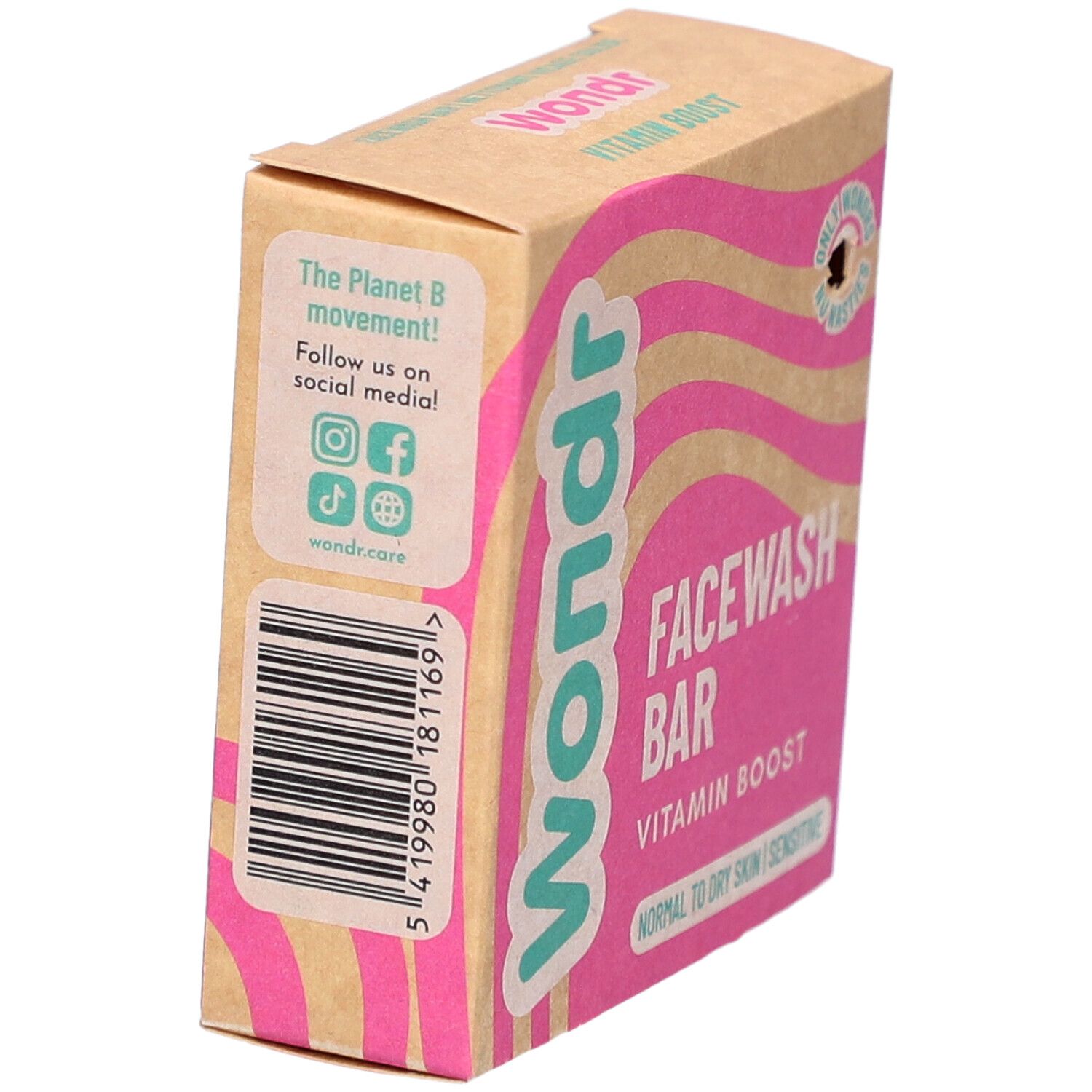 Emballage de la barre de lavage du visage Wondr. Boîte rose et beige, logo, informations et code-barres.