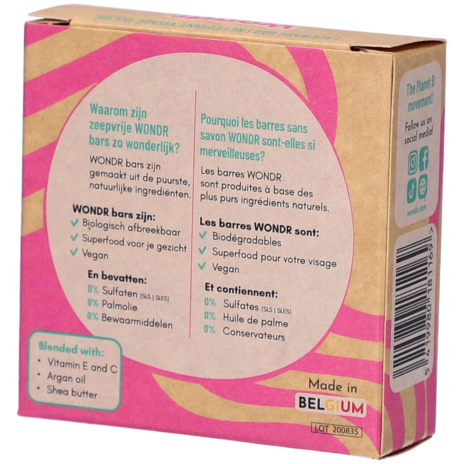Dos de l'emballage de la barre de lavage du visage Wondr. Texte en français et allemand, ingrédients, logo.