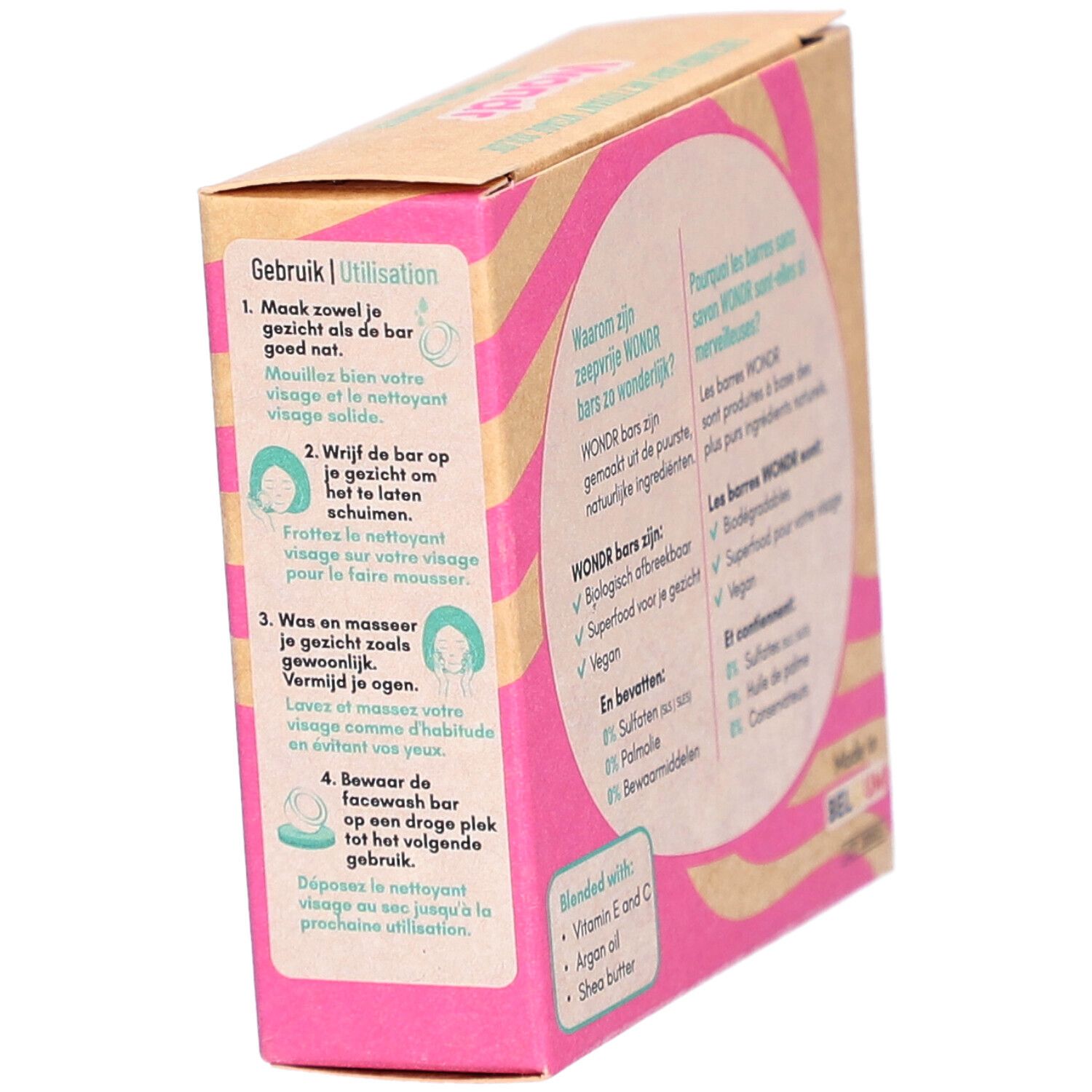 Emballage de la barre de lavage du visage Wondr avec instructions. Boîte rose et beige, texte et logo.