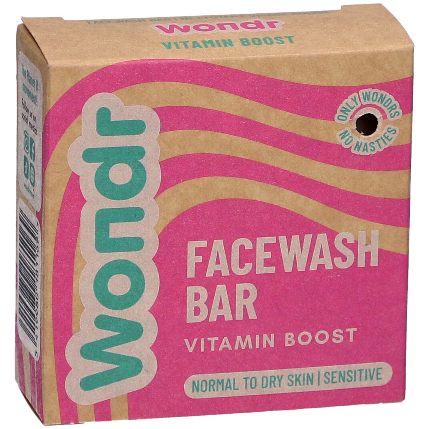 Emballage de la barre de lavage du visage Wondr Vitamin Boost. Boîte rose et beige, logo et texte.