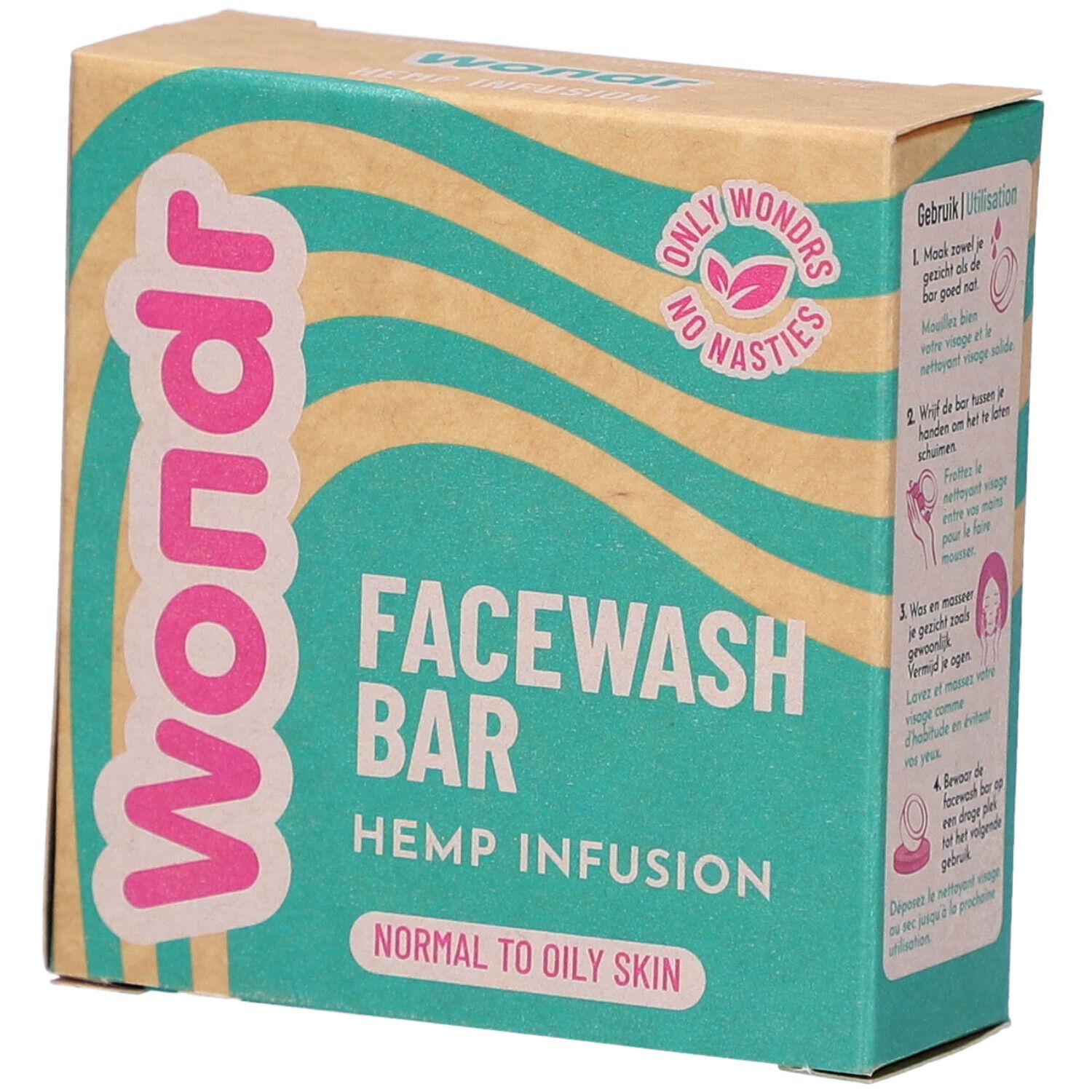 Boîte en carton "Wondr" avec "Facewash Bar", "Hemp Infusion" et indication pour peaux normales à grasses.