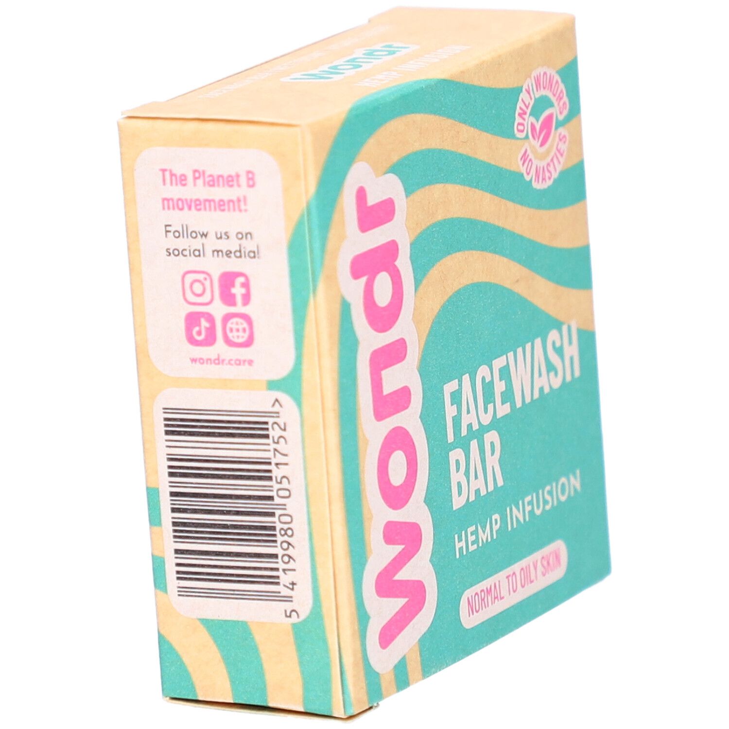Boîte en carton "Wondr" avec "Facewash Bar", "Hemp Infusion" et indication pour peaux normales à grasses.