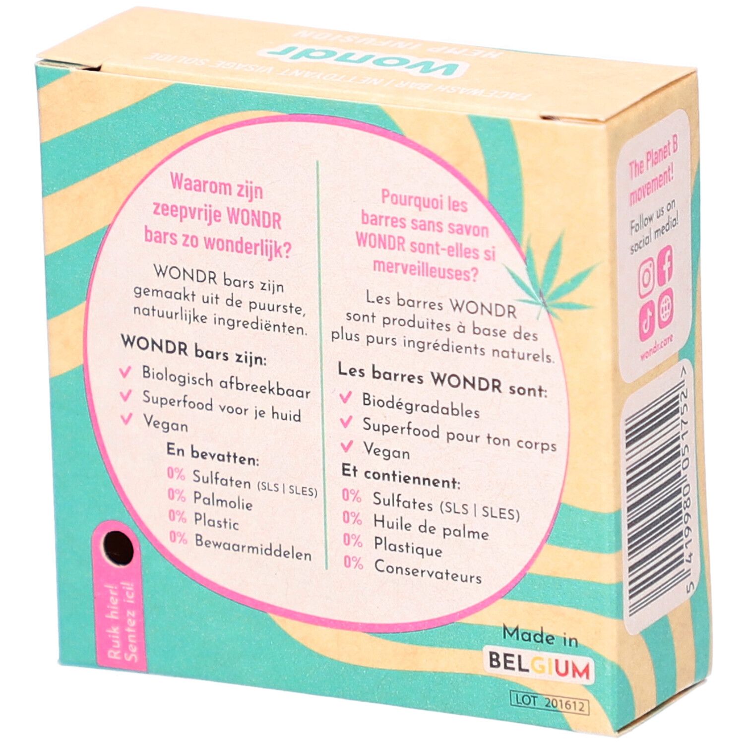 Dos de la boîte en carton. Texte en allemand et français sur les ingrédients et les avantages du savon.