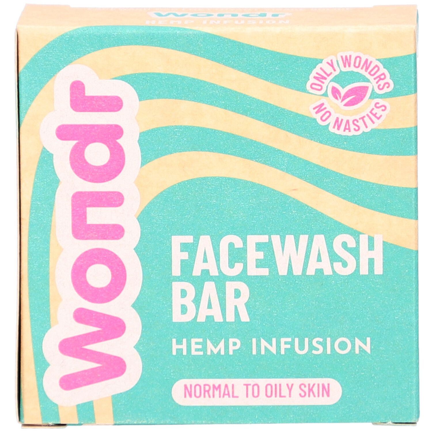 Boîte en carton "Wondr" avec "Facewash Bar", "Hemp Infusion" et indication pour peaux normales à grasses.