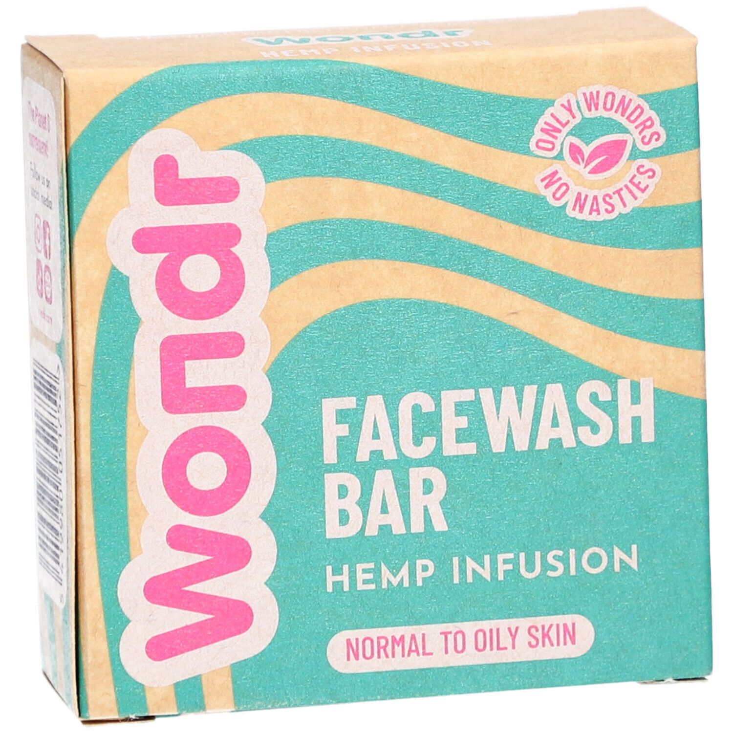 Boîte en carton "Wondr" avec "Facewash Bar", "Hemp Infusion" et indication pour peaux normales à grasses.