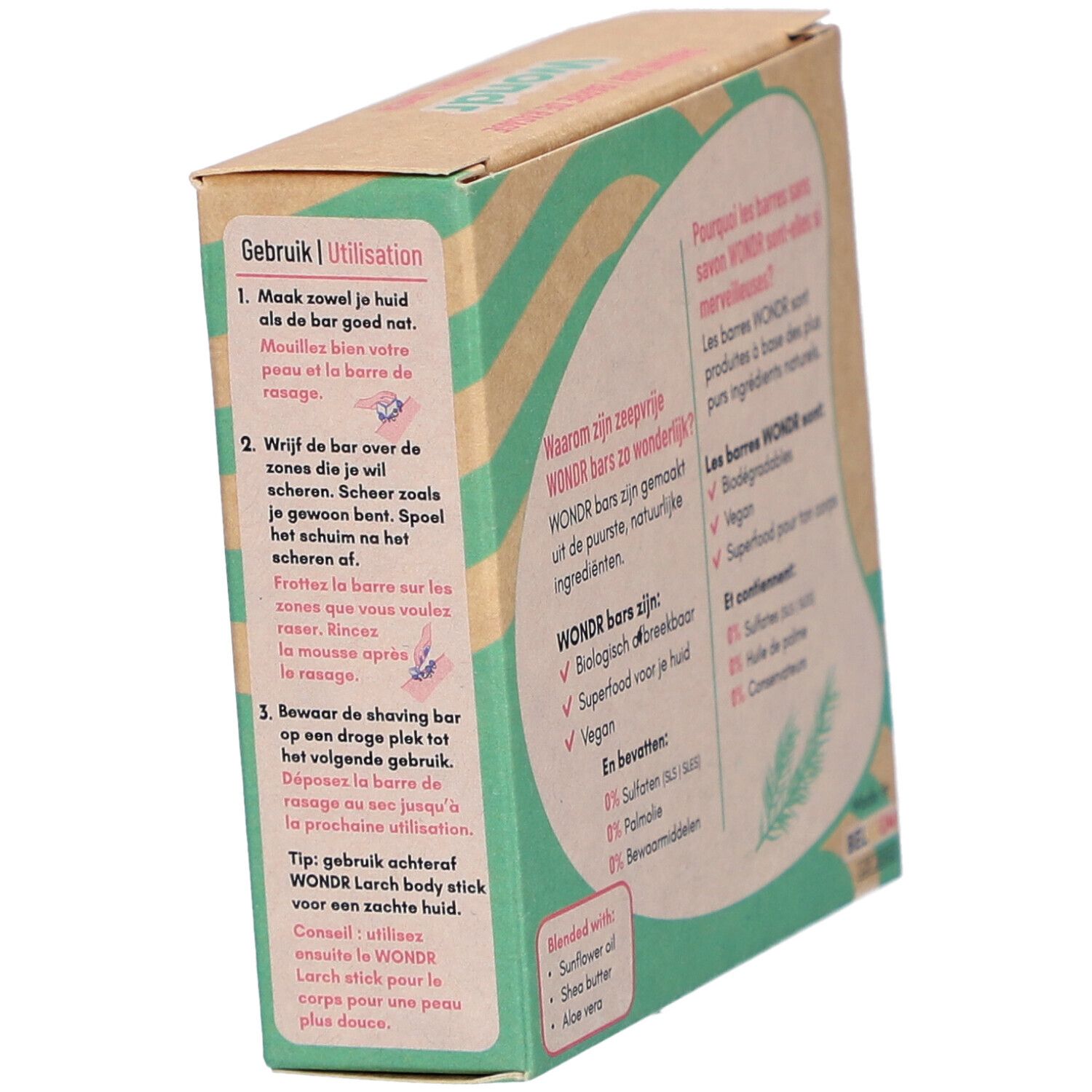 Boîte en carton avec texte. Contient des instructions d'utilisation pour le savon à raser Wondr.