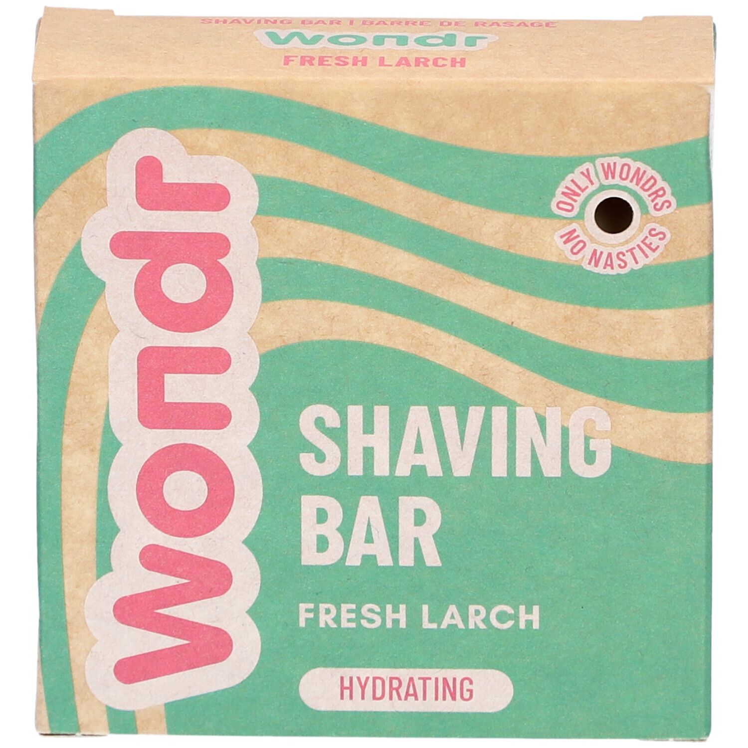 Boîte en carton Wondr. Inscription 'Shaving Bar Fresh Larch'. Motif vagues vert et beige. 'Hydrating'.