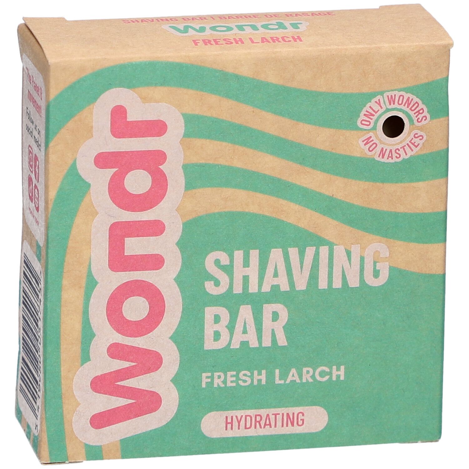 Boîte en carton Wondr. Inscription 'Shaving Bar Fresh Larch'. Motif vagues vert et beige. 'Hydrating'.