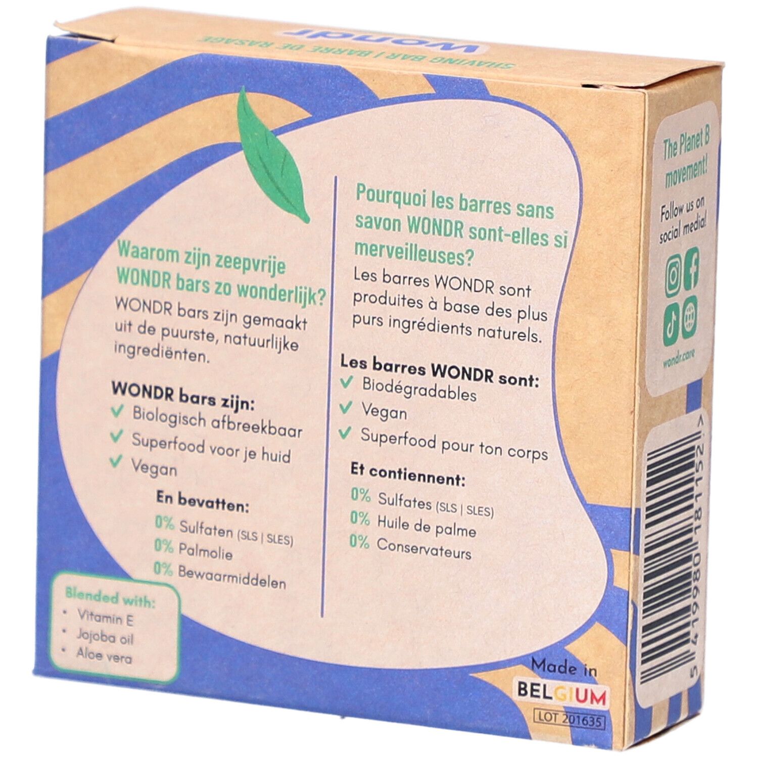 Boîte en carton avec vagues bleues et texte. Contient des informations sur les ingrédients et les avantages. Marque : Wondr. Fabriqué en Belgique.