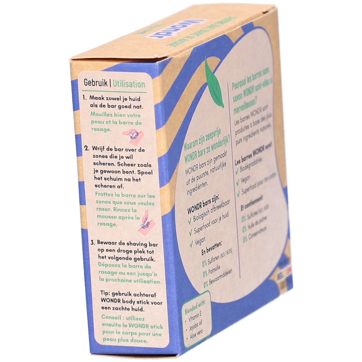 Boîte en carton avec vagues bleues et texte. Contient des instructions d'utilisation. Marque : Wondr. Avec illustrations.