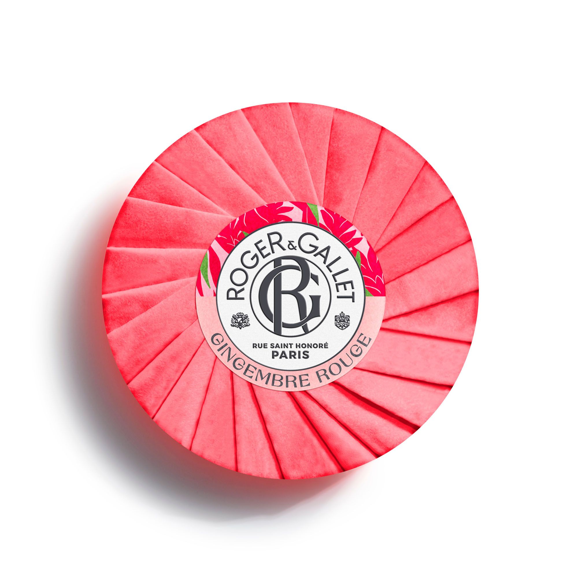 Savon rouge plié dans du papier rouge. Logo Roger & Gallet. Inscription: Gingembre Rouge.