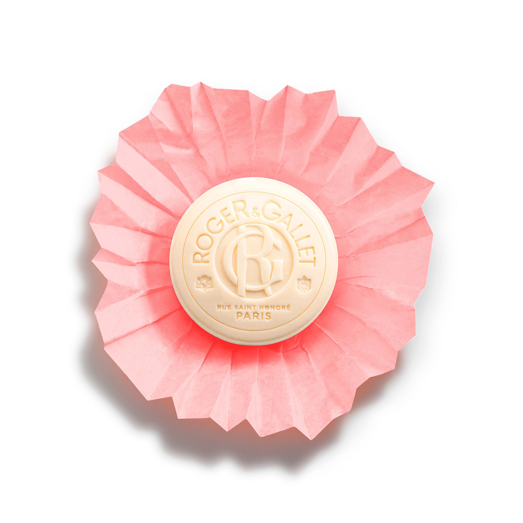 Savon rond crème dans papier rose. Logo FLEUR DE FIGUIER.