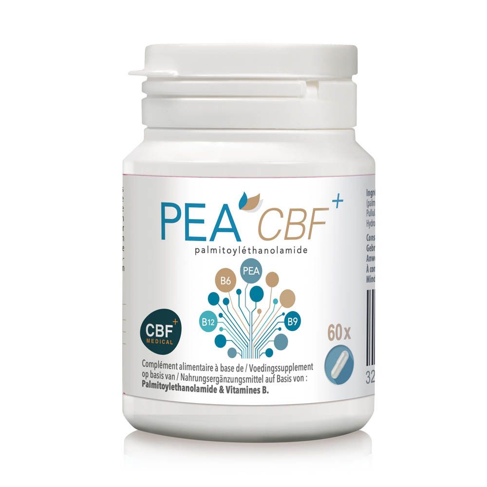 Flacon blanc avec "PEA CBF+" et "palmitoylethanolamide". Contient 60 gélules. Logo CBF+ MEDICAL.
