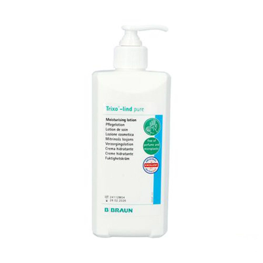 Flacon pompe blanc, Trixo-lind pure, avec sceau 'Sans parfums ni allergènes'.