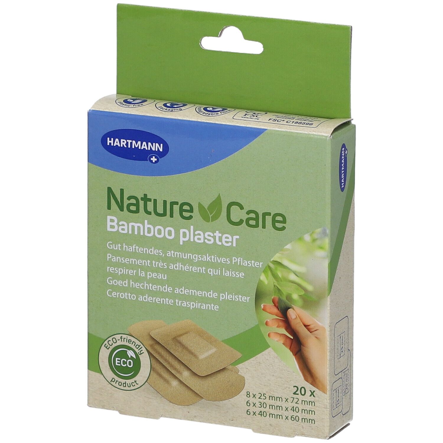 Boîte de pansements Hartmann NatureCare Bamboo. 20 pièces, différentes tailles. Produit écologique.