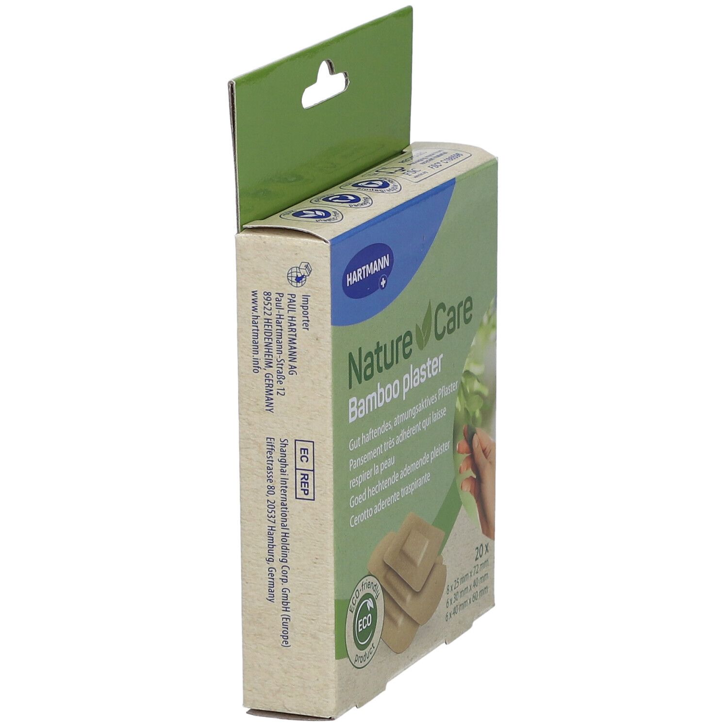 Vue latérale de l'emballage des pansements Hartmann NatureCare Bamboo. Texte multilingue. Produit écologique.