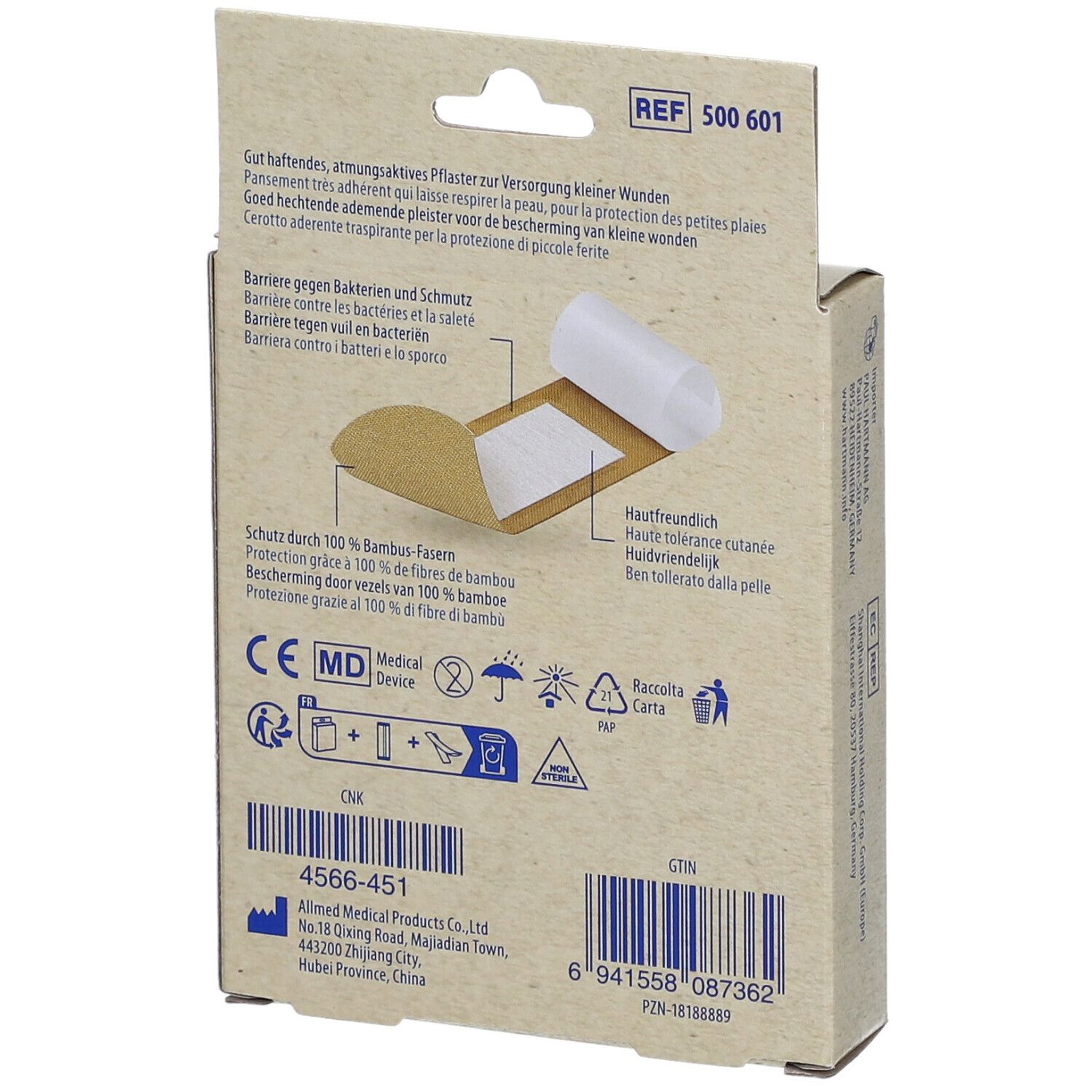 Dos de l'emballage des pansements Hartmann NatureCare Bamboo. Détails sur les ingrédients et certifications.