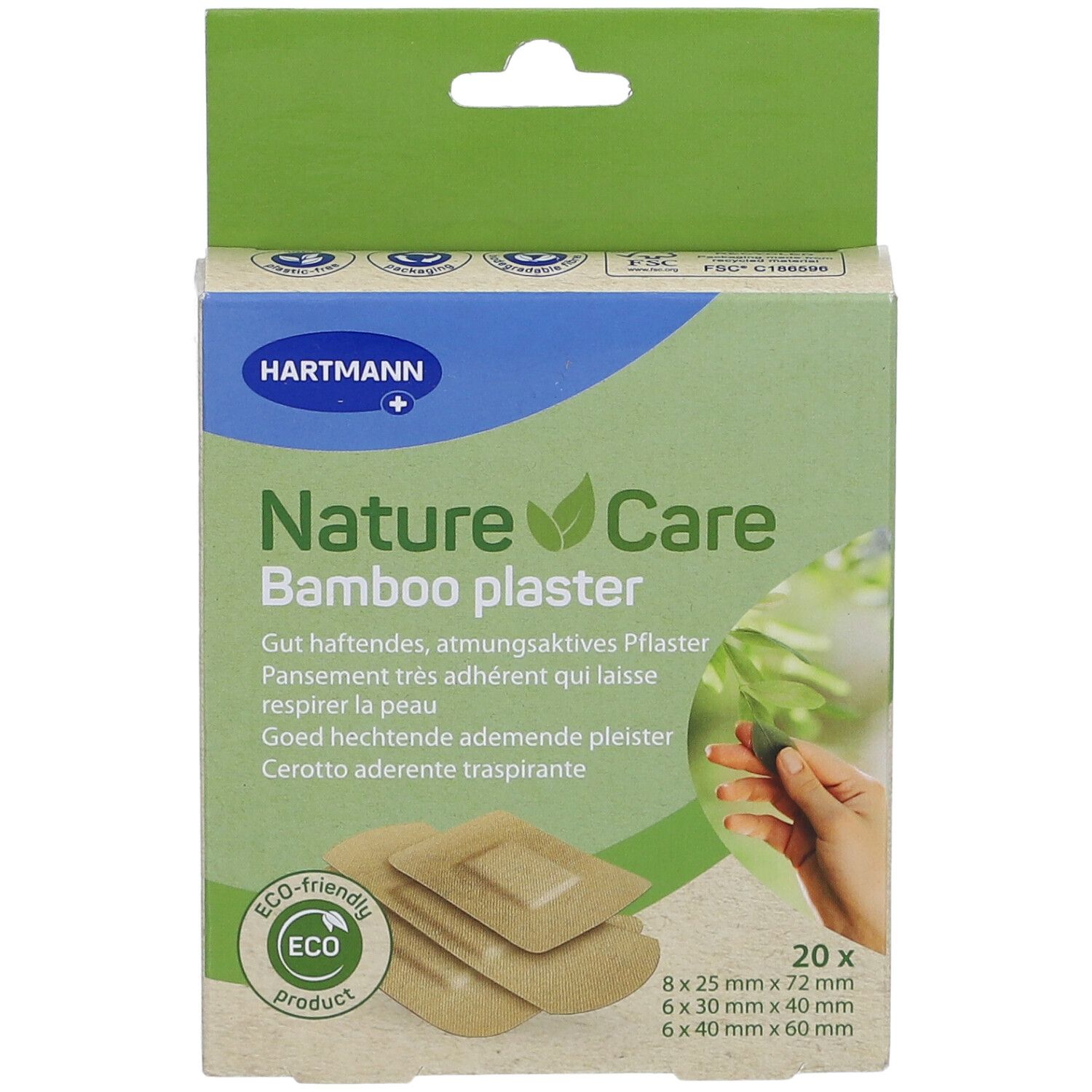 Boîte de pansements Hartmann NatureCare Bamboo. 20 pièces, différentes tailles. Produit écologique.