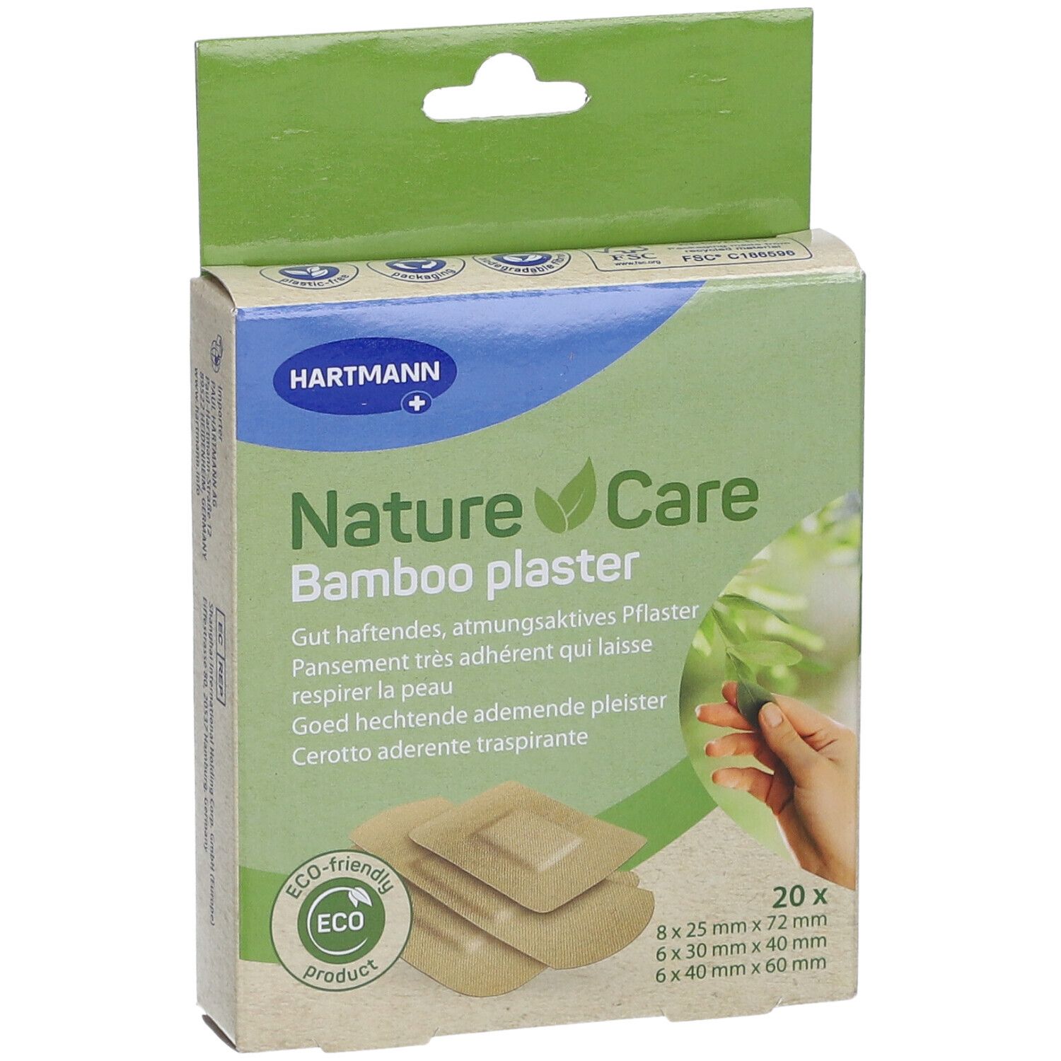 Boîte de pansements Hartmann NatureCare Bamboo. 20 pièces, différentes tailles. Produit écologique.