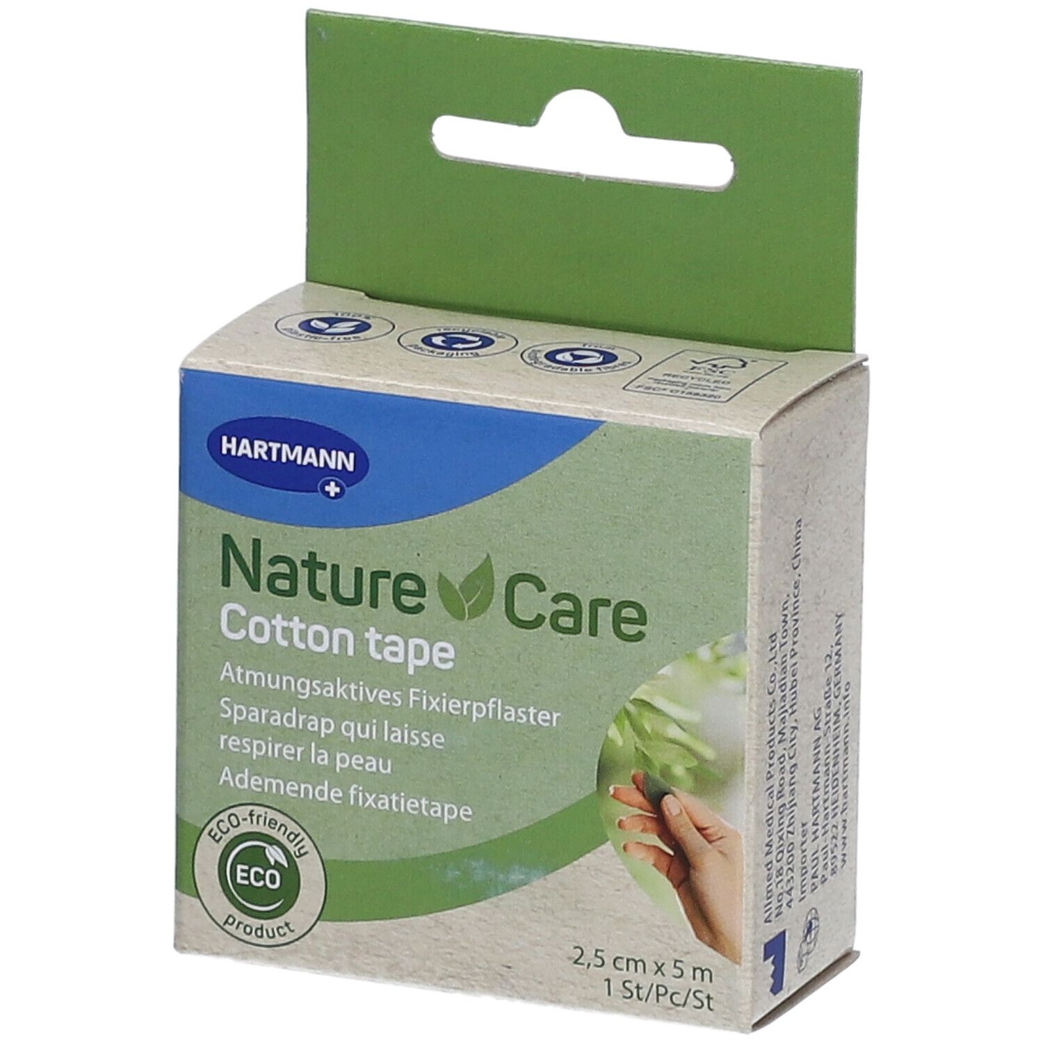 Emballage en carton de Hartmann Nature Care Cotton Tape. Inscription : 2,5 cm x 5 m, sparadrap respirant. Design vert et blanc.