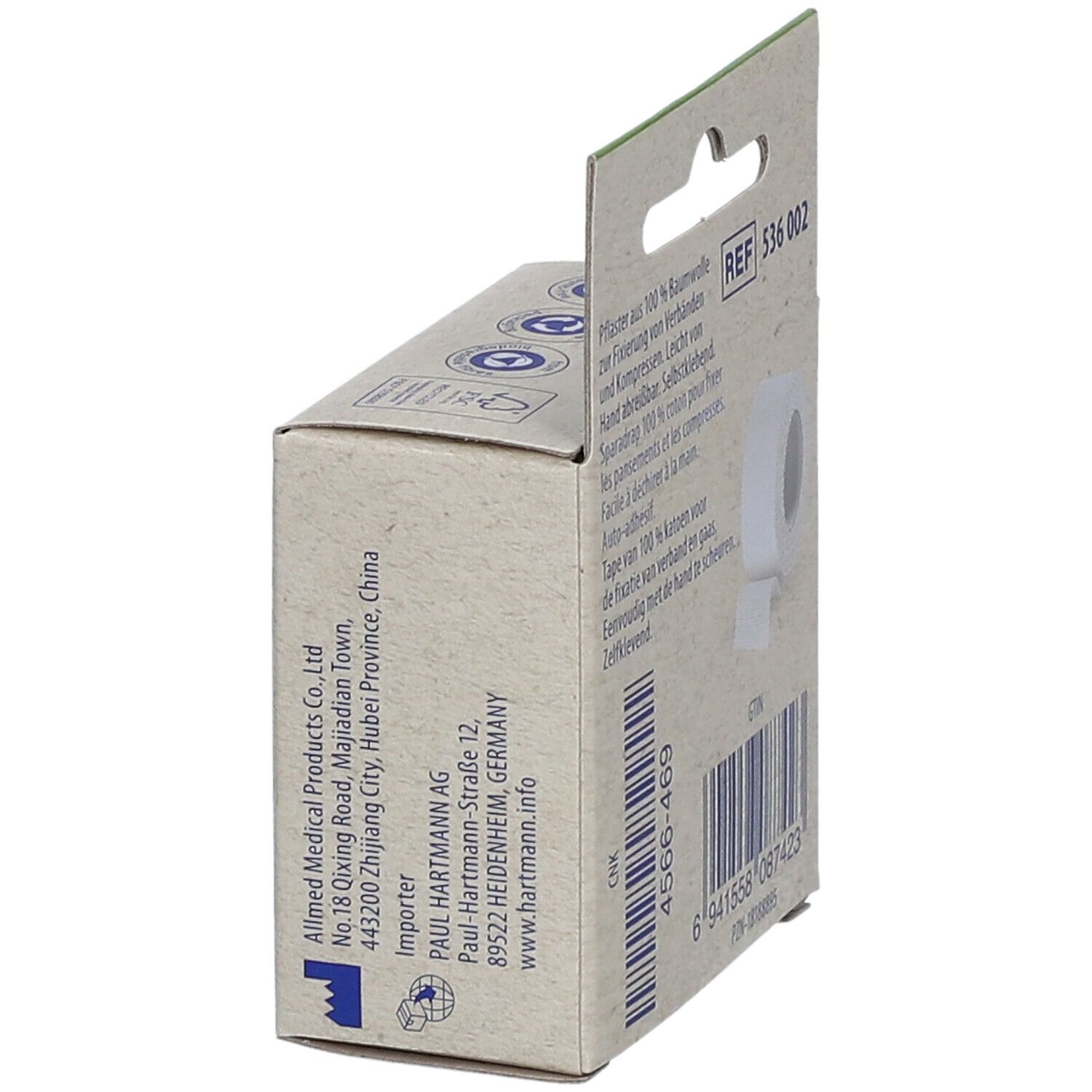 Emballage en carton de Hartmann Nature Care Cotton Tape. Vue latérale. Texte : Paul Hartmann AG. Ruban blanc visible.