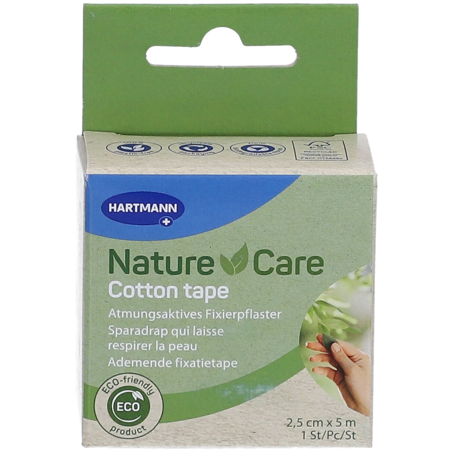 Emballage en carton de Hartmann Nature Care Cotton Tape. Inscription : 2,5 cm x 5 m, 1 St/Pc/St. Design vert et blanc.