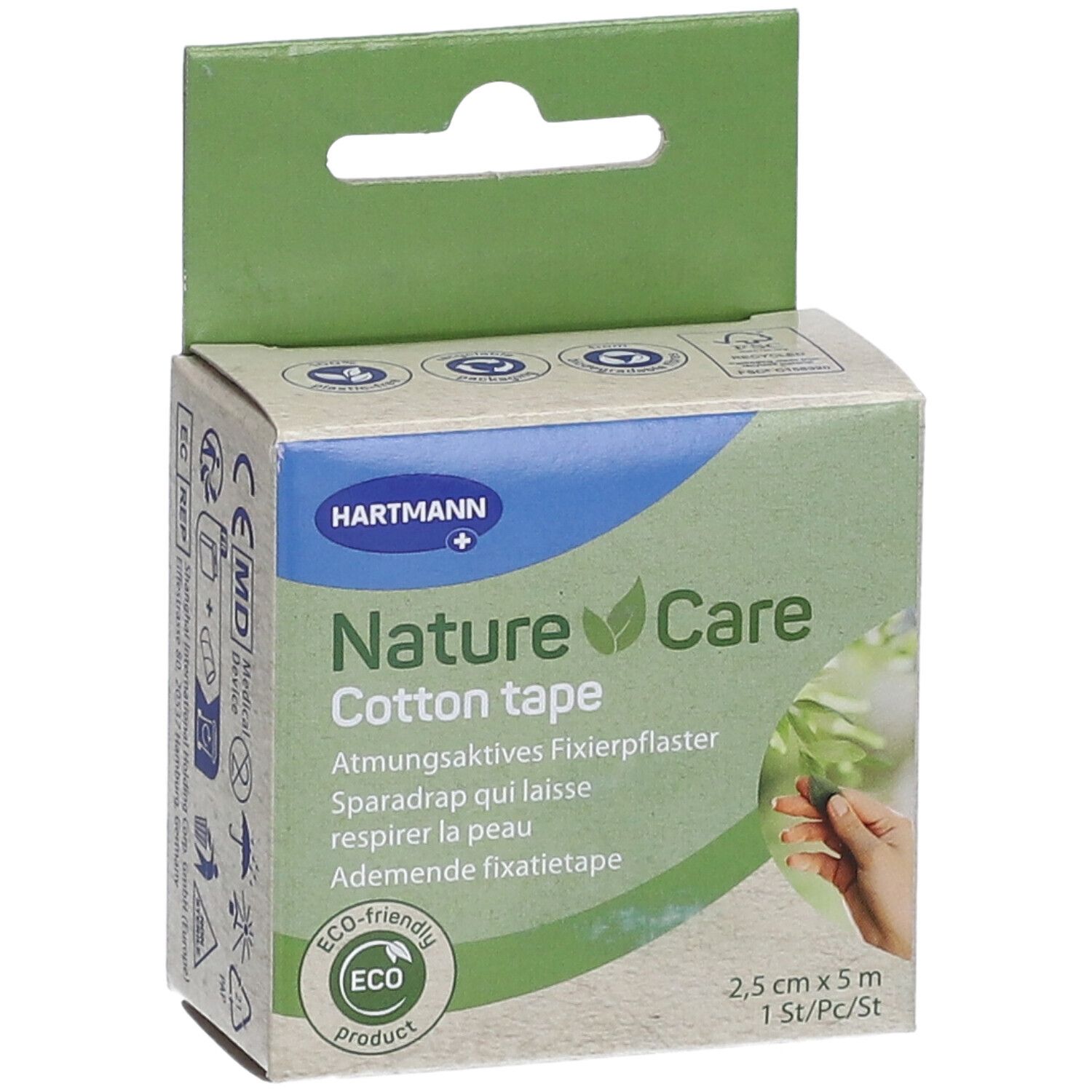 Emballage en carton de Hartmann Nature Care Cotton Tape. Inscriptions : marquage CE, Medical Device. Design vert et blanc.
