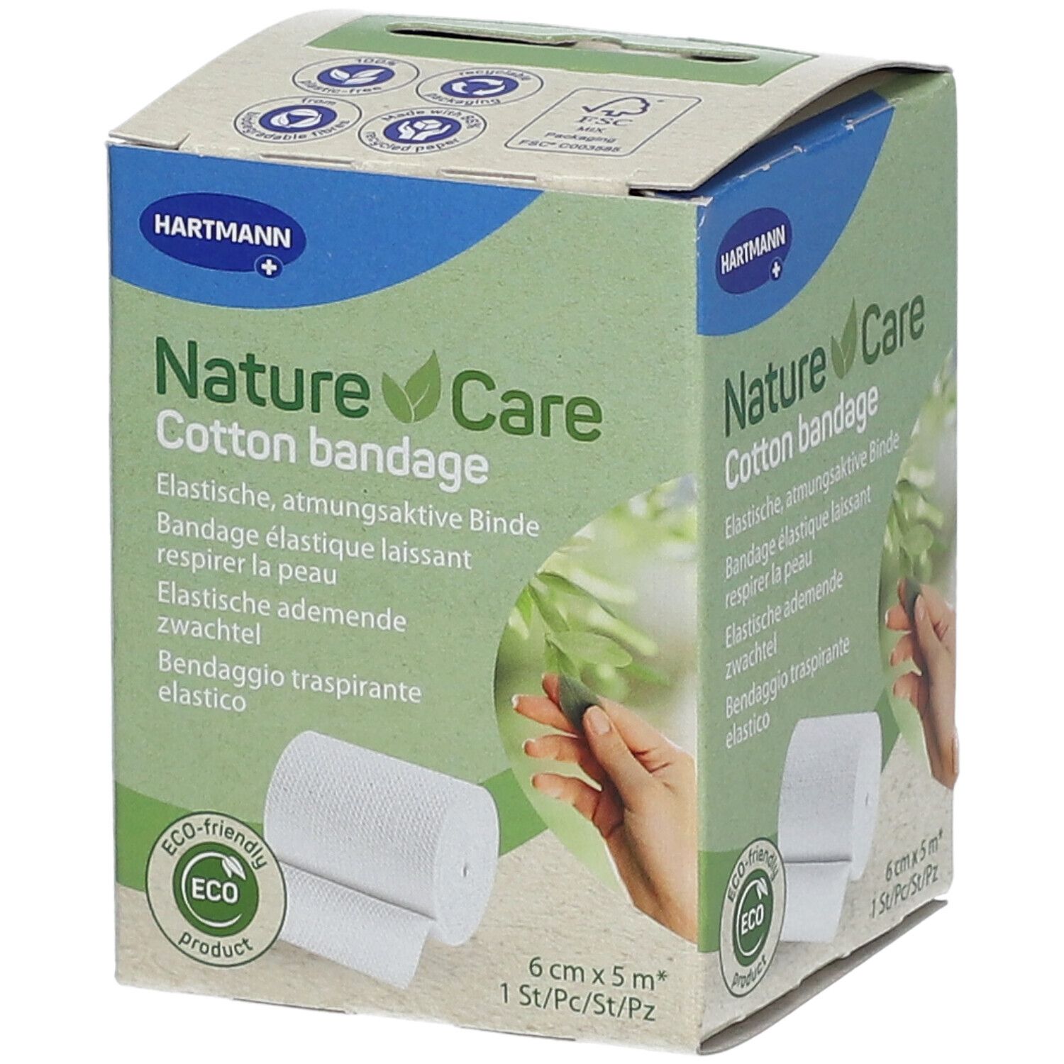 Emballage de bandage en coton Nature Care de Hartmann. 6 cm x 5 m. Inscriptions : marque, nom du produit, caractéristiques, taille, Eco-friendly.