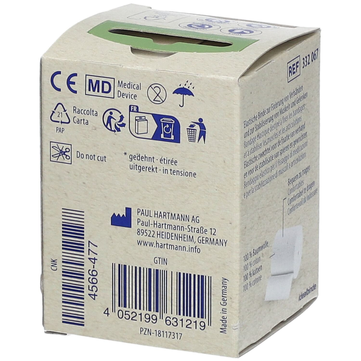 Emballage de bandage en coton Nature Care de Hartmann. Arrière avec marquage CE, adresse, code-barres et symboles.