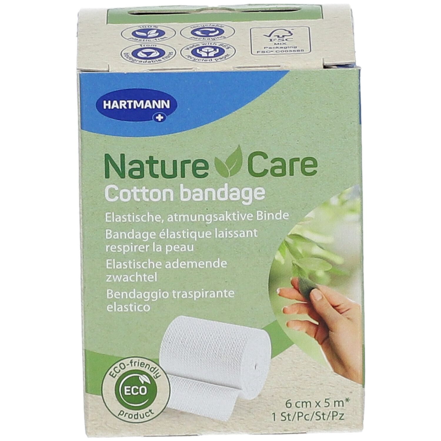 Emballage de bandage en coton Nature Care de Hartmann. Avant avec nom du produit, caractéristiques, taille et logo Eco-friendly.