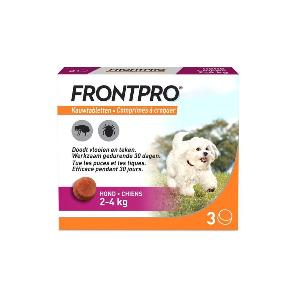 Une femme donne une friandise à croquer FRONTPRO à un chien. Texte : "Tue les puces et les tiques."