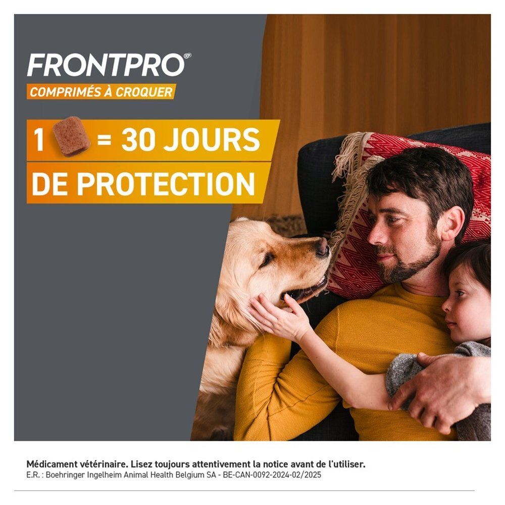 Un chien mange une friandise à croquer FRONTPRO dans une main. Texte : "Peut être administré avec ou sans nourriture."