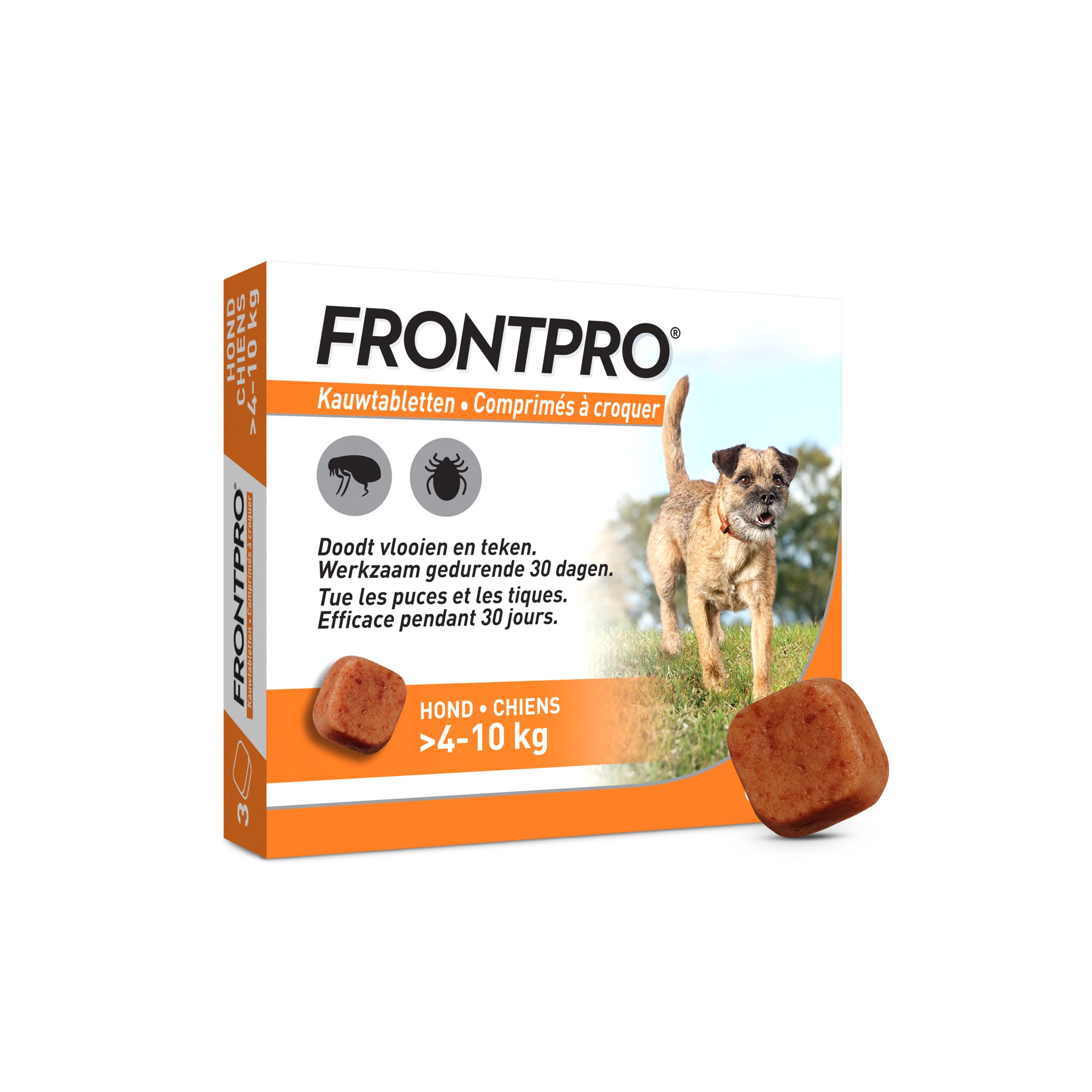 Comprimés à croquer FRONTPRO pour chiens (4-10kg) avec un chien sur l'emballage.