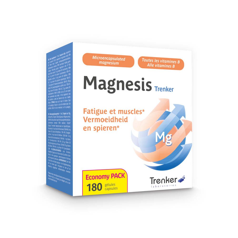 Boîte de Magnesis. Contient 180 gélules. Magnésium microencapsulé et vitamines B. Marque Trenker.