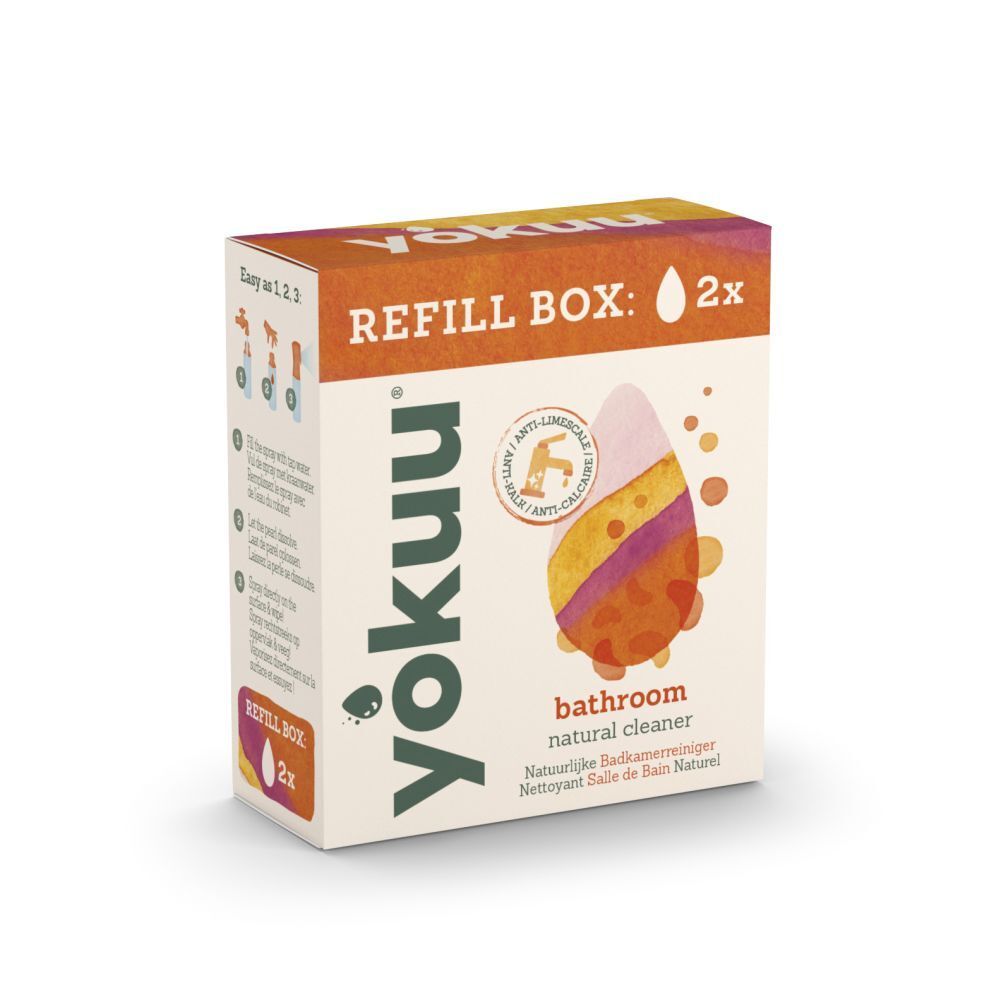 Boîte en carton avec illustration du produit. Inscription : yokuu, Refill Box 2x, bathroom natural cleaner.