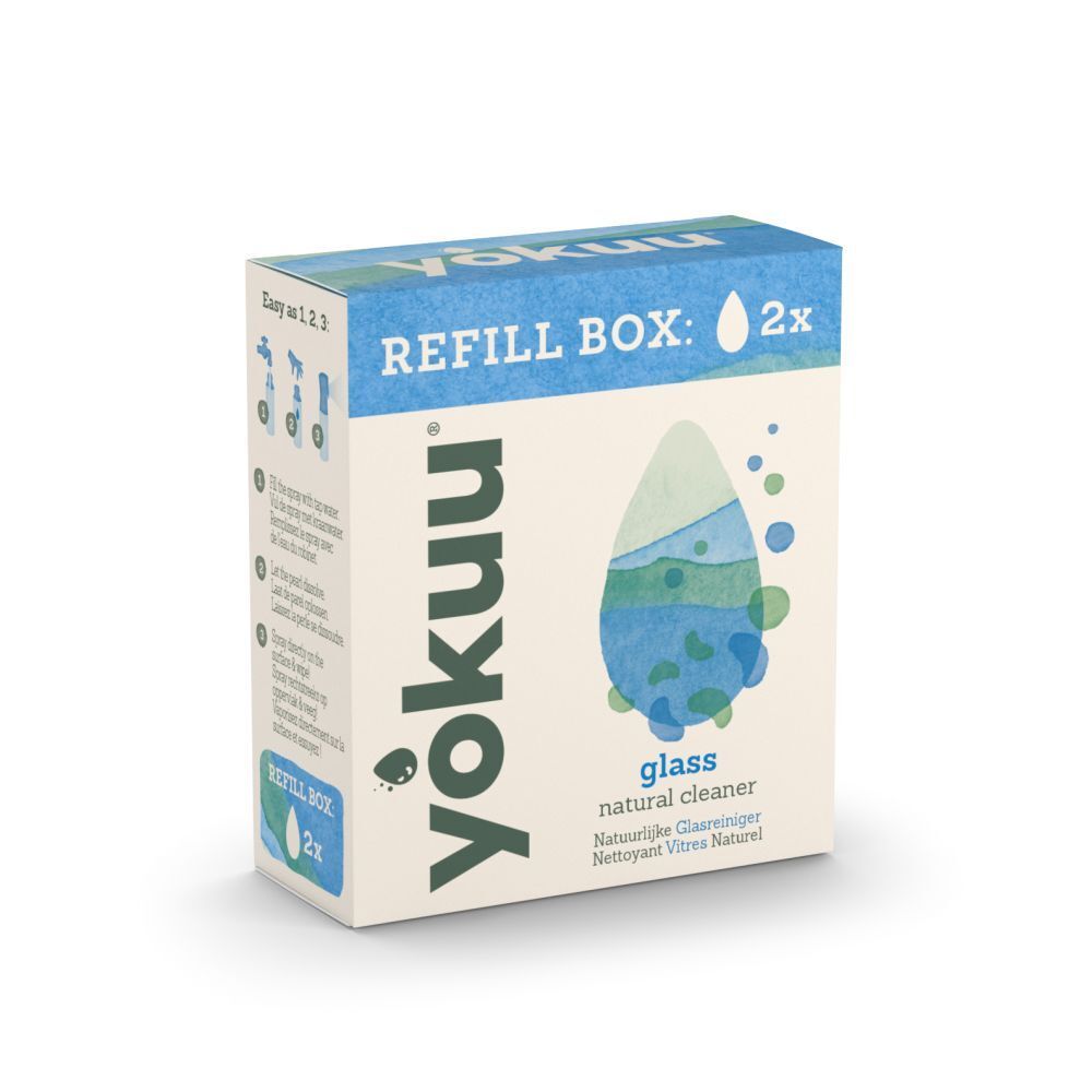 Emballage en carton pour nettoyant vitres. Inscription: yokuu, Refill Box, 2x. Illustration: goutte d'eau.