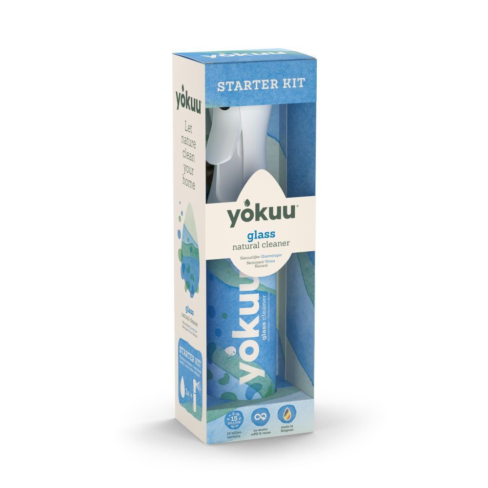 Emballage du kit de démarrage yokuu pour vitres. Contient un vaporisateur et un chiffon. Tons bleus et blancs.