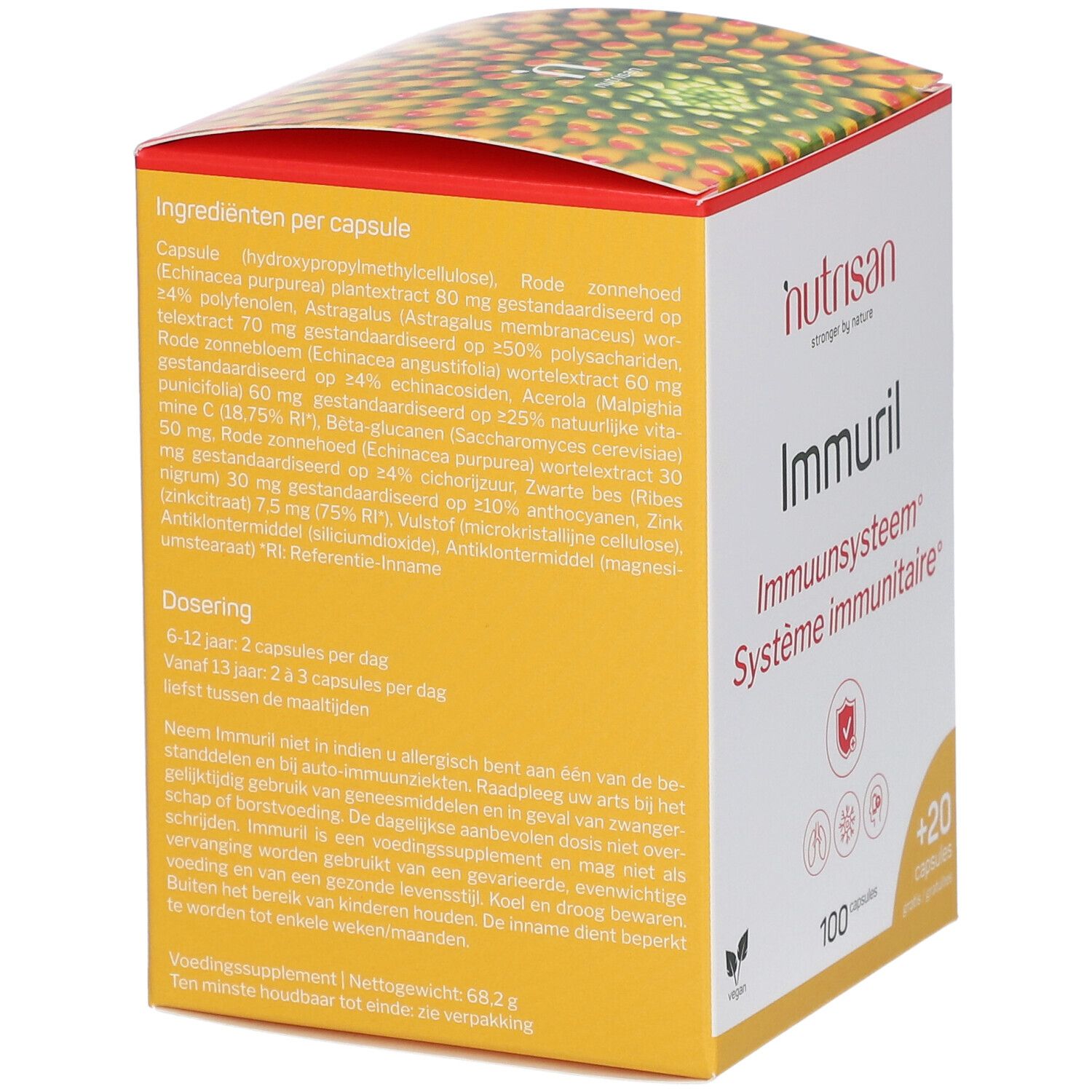 Boîte Nutrisan Immuril. Liste des ingrédients et dosage sur fond jaune. Texte en néerlandais.