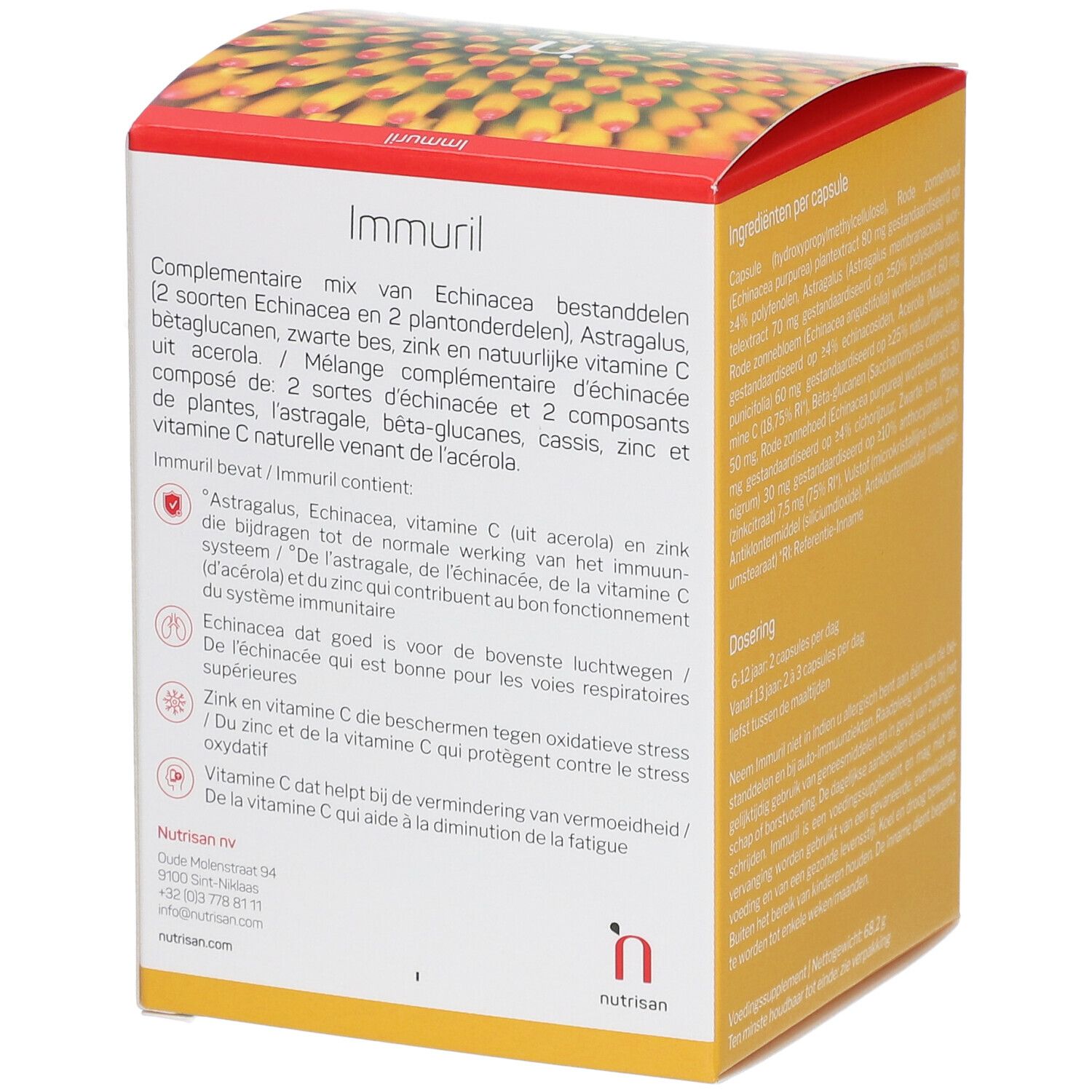 Dos de la boîte Nutrisan Immuril. Composition, ingrédients et logo visibles. Texte en néerlandais.