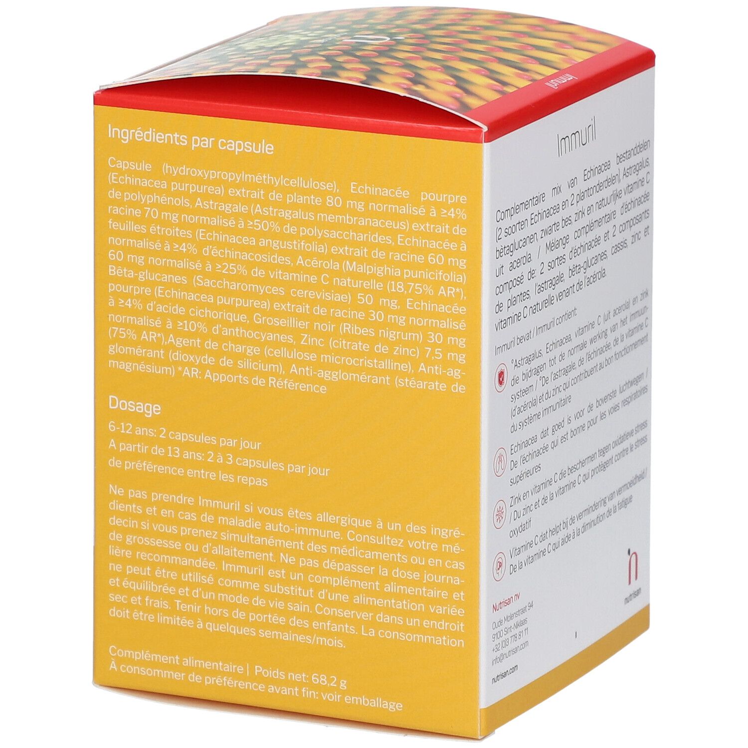 Dos de la boîte Nutrisan Immuril. Liste des ingrédients et dosage. Texte en néerlandais et français.
