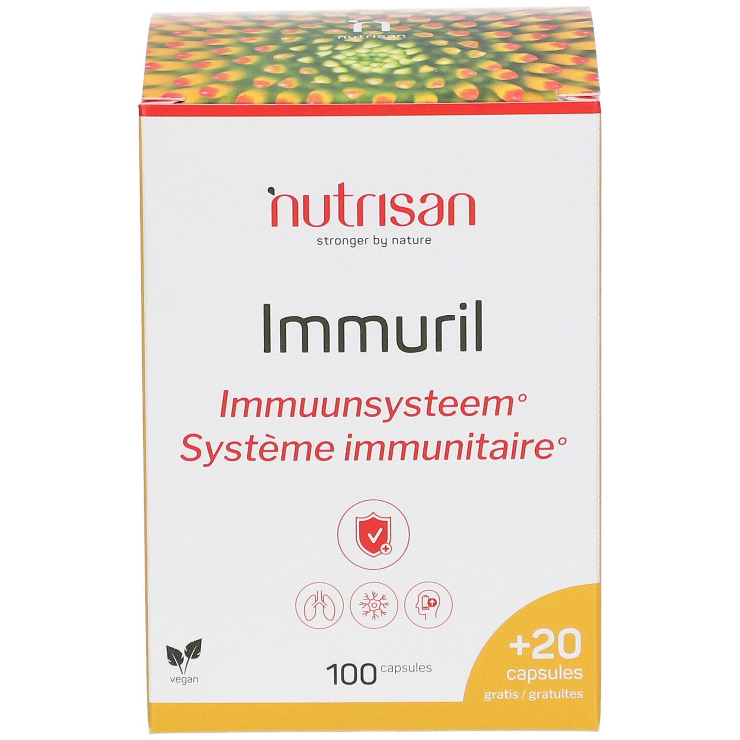 Boîte Nutrisan Immuril, 100 + 20 gélules. Nom du produit et logo visibles. Texte en néerlandais et français.