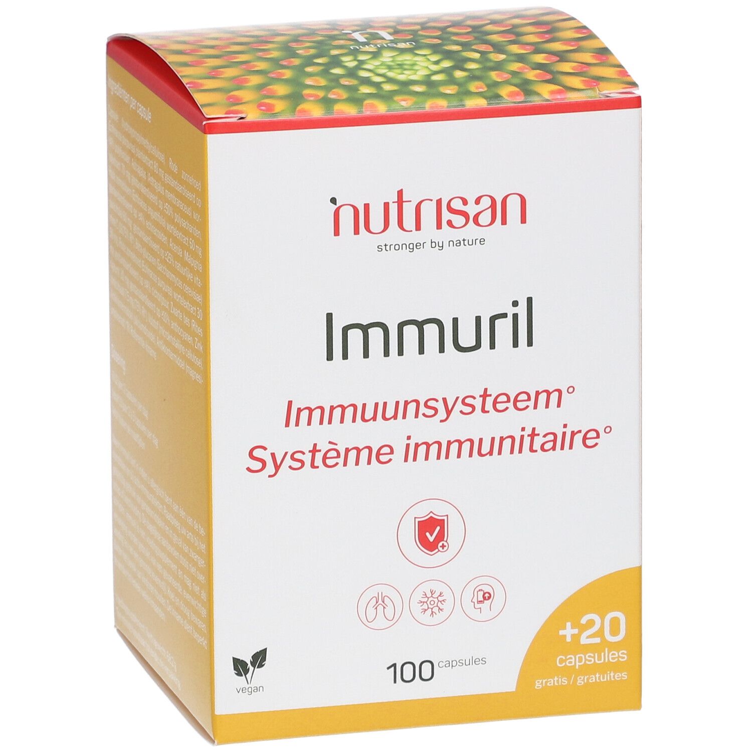Boîte Nutrisan Immuril, 100 + 20 gélules. Nom du produit et logo visibles. Texte en néerlandais et français.