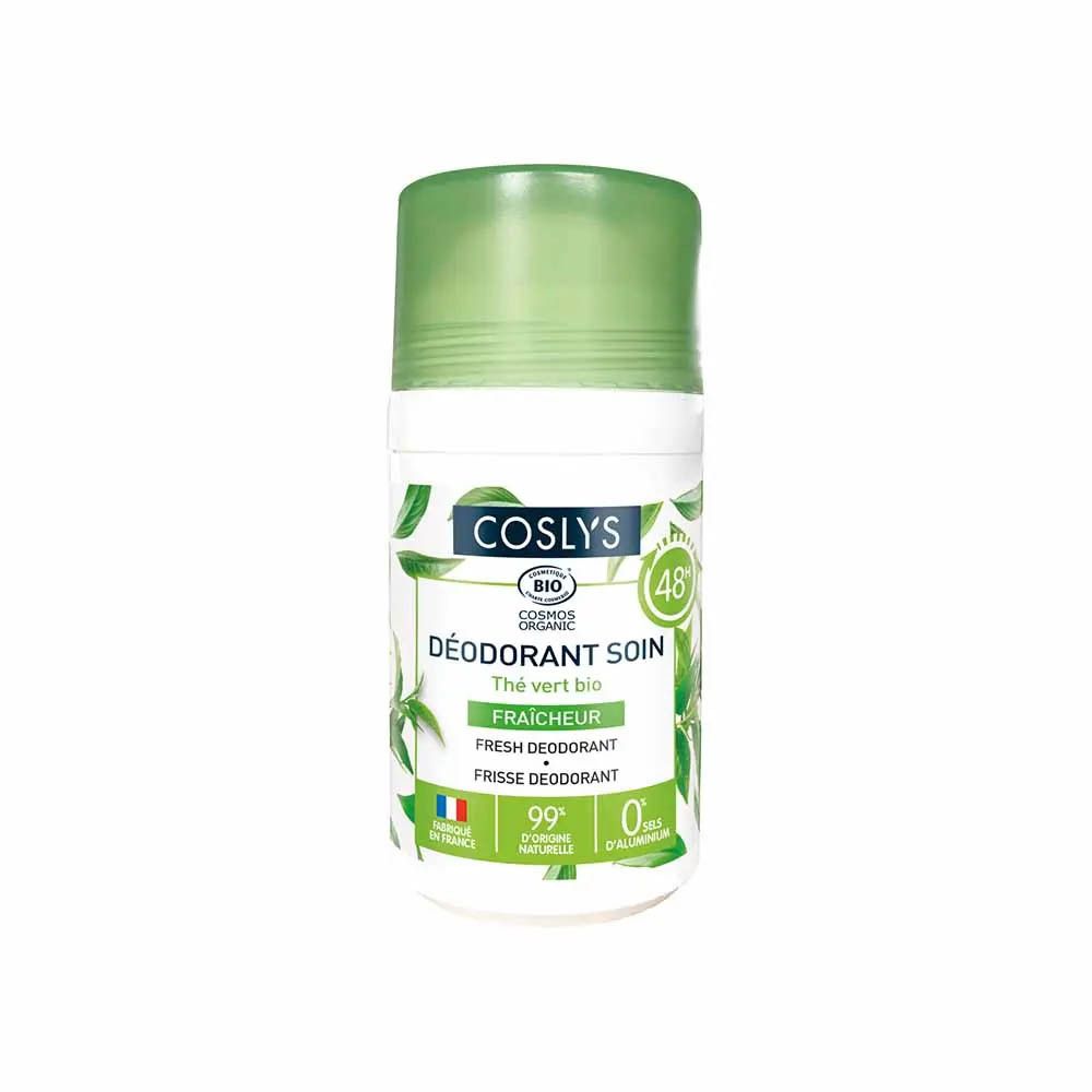 Roll-on blanc avec capuchon vert. Texte: COSLYS, Déodorant soin fraîcheur thé vert bio, 48h, 99% naturel, 0% alcool.