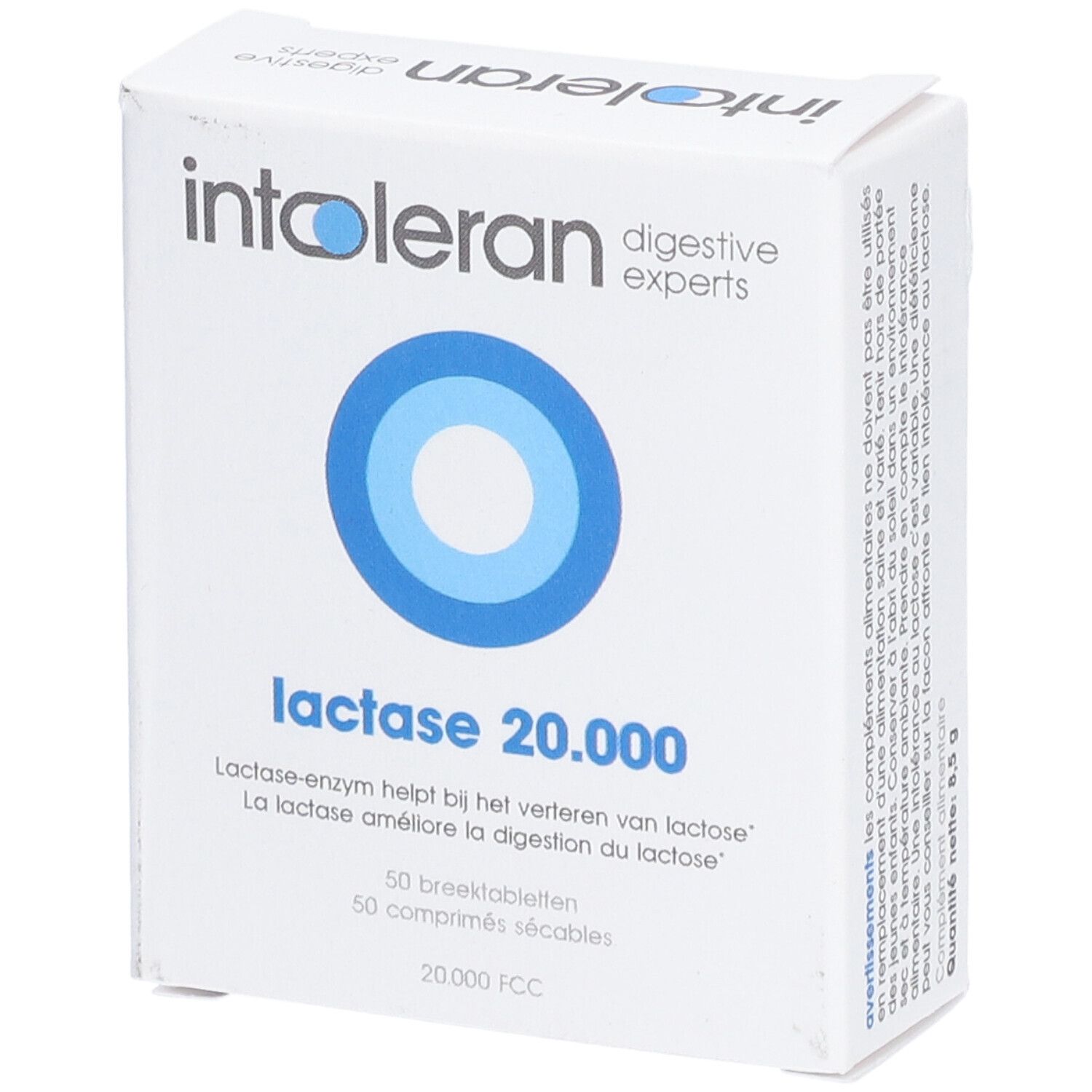 Boîte blanche avec logo cercle bleu. Inscription: intoleran, digestive experts, lactase 20.000. 50 comprimés.