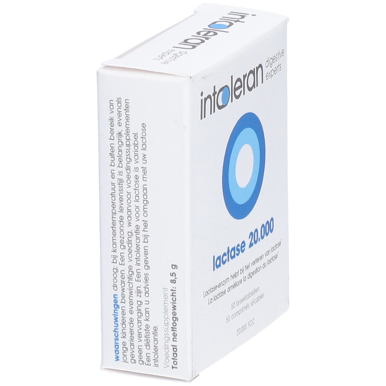 Boîte blanche en biais. Logo: intoleran, digestive experts, lactase 20.000. Texte en néerlandais. Poids net: 8,5 g.