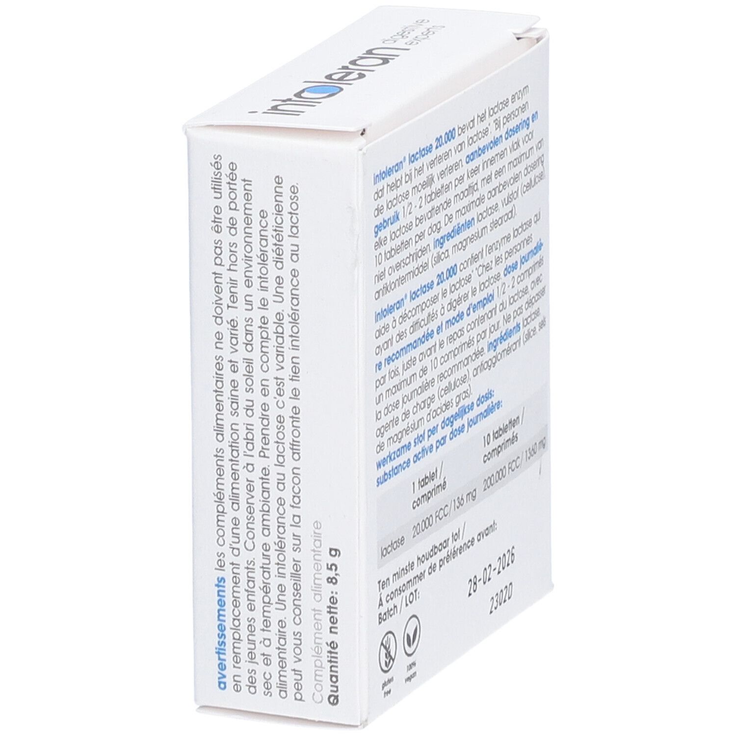 Boîte blanche en biais. Texte en néerlandais et français. Avertissements. Poids net: 8,5 g. Sans gluten.